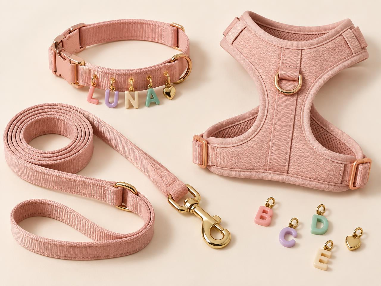 Pink matching pet collar, leash, harness, and charms